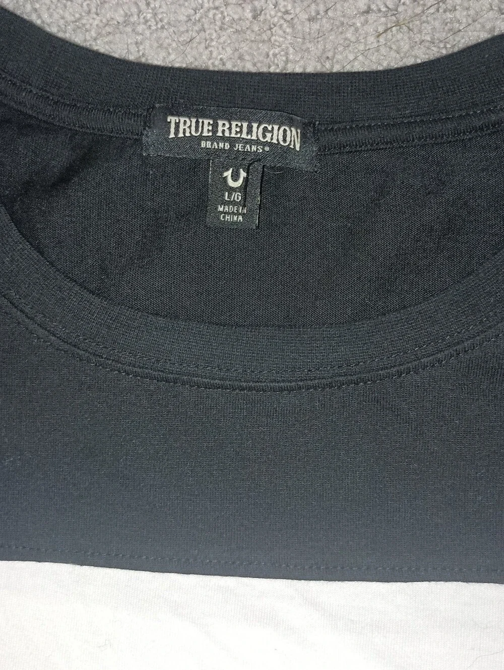True Religion Black and White Striped Logo Long Sleeve Tee